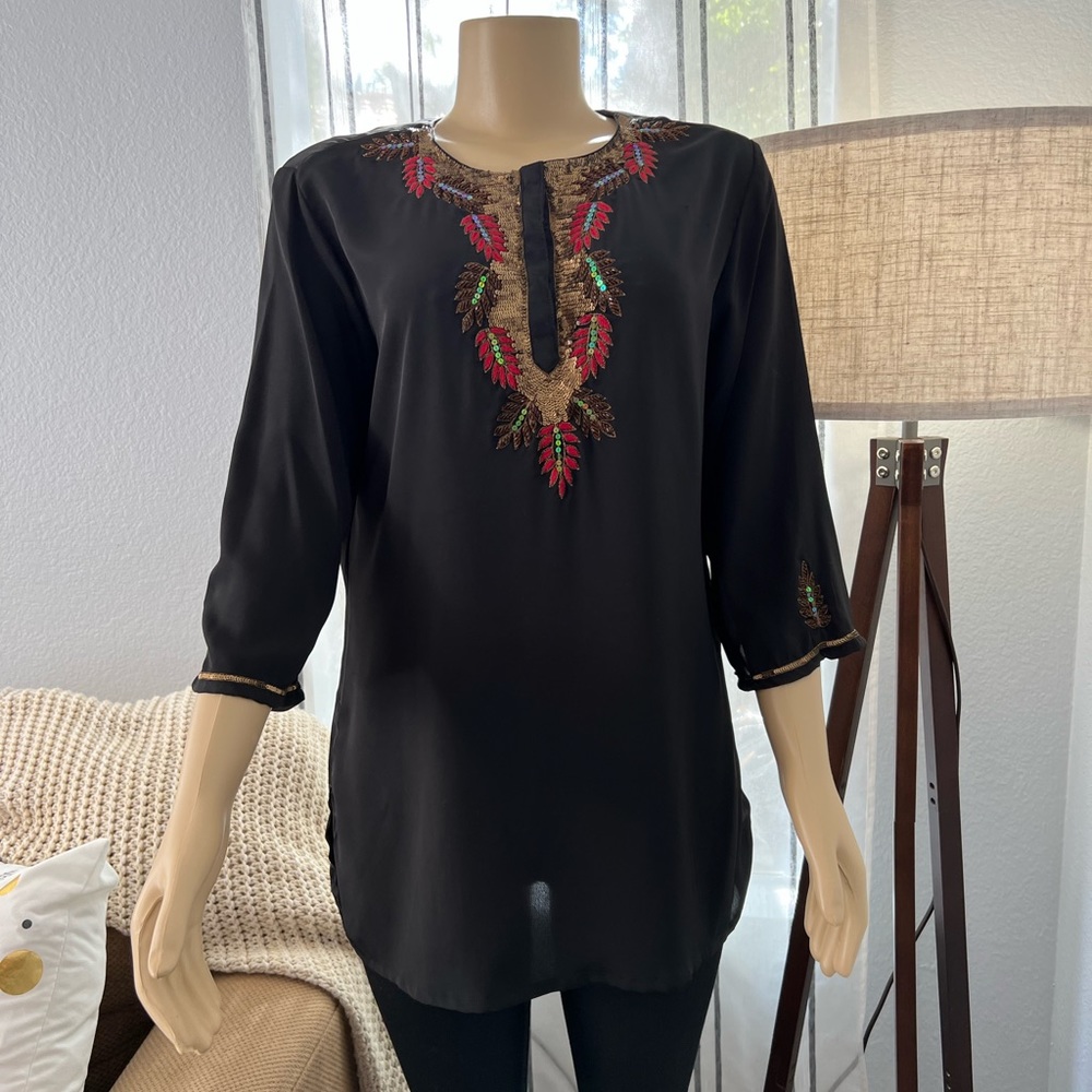 Lakshita Womens 3/4 Sleeve Sequins Tunic Top Black Size XL Round Neck Relaxed